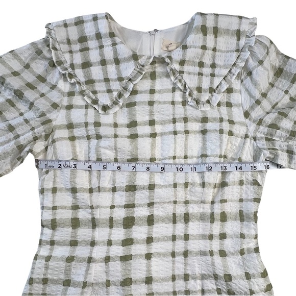 lena Mini Dress Ruffle Collar Short Puff Sleeve Preppy Plaid Green White Small S - Picture 9 of 16